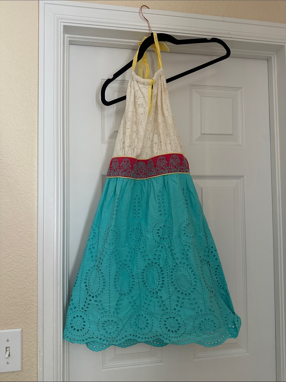 100% Cotton Cream & Teal Halter Eyelet Dress with Pink Trim Y2K